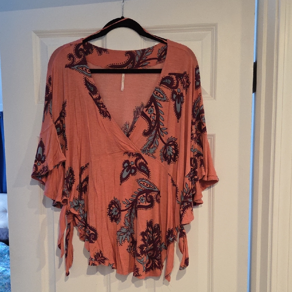 Free People Coral Floral Blouse